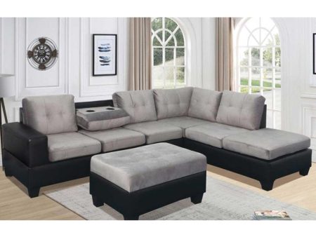 Grey & Black Velvet Fabric Sectional With Drop Down Cup Holders & Storage Ottoman- Model Roma Cheap