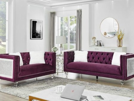 Purple 3 PC Crushed Glass Velvet With Deep Tufting & Nailhead Details Set- Includes Throw Pillows- Model Joy Supply