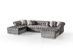 Grey Velvet Tufted U Shaped Sectional- Includes Throw Pillows - Model Jordan Supply