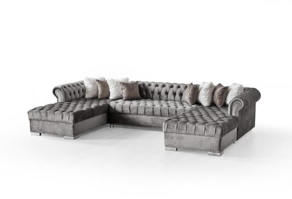 Grey Velvet Tufted U Shaped Sectional- Includes Throw Pillows - Model Jordan Supply