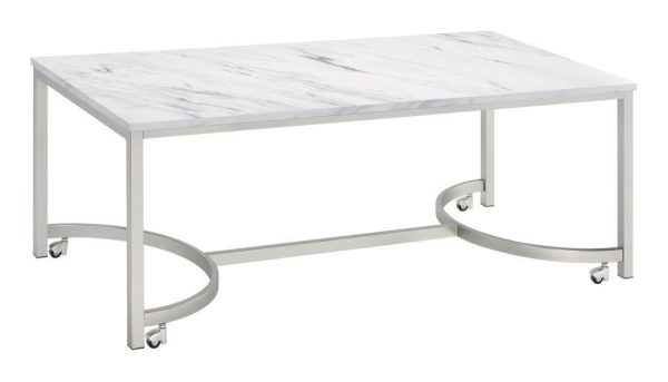 Leona - Faux Marble Coffee Table With Casters - Satin Nickel Fashion