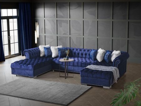 Blue Velvet Tufted U Shaped Sectional- Includes Throw Pillows - Model Jordan For Cheap