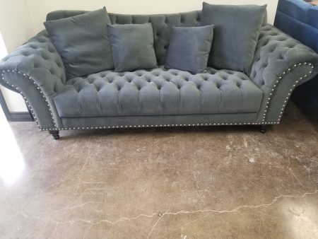 Dark Grey Velvet Tufted 3 Seater Sofa- Fire Resistant- Includes Throw Pillows- Model #6157 Supply