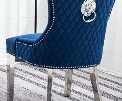 2, 4 or 6 Blue Velvet Dining Chairs with Lion Knocker, Polished Chrome Frame, Diamond Studded back & Nail Head Details- Model #1252 For Sale