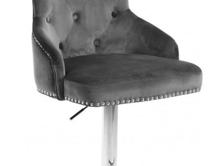 1 Grey Adjustable Velvet Bar Stool With Deep Tufting & Nailhead Details- Model #6020 on Sale