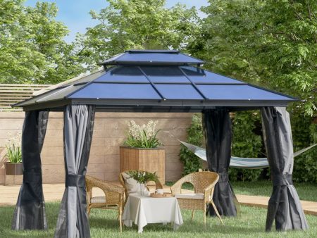 Black & Grey 10 x 12ft Hardtop Patio Gazebo Aluminum Gazebo Canopy with Double Tier Roof, Curtains & Netting Sidewalls- Model #84C-215V01 Online now