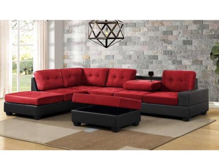 Red & Black Velvet Fabric Sectional With Drop Down Cup Holders & Storage Ottoman- Model Roma Cheap