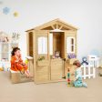 Wooden Playhouse For Kids Outdoor With Working Door, Windows, Mailbox, Bench, Flowers Pot Holder - Natural Discount