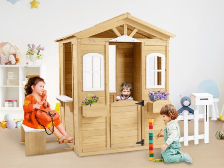 Wooden Playhouse For Kids Outdoor With Working Door, Windows, Mailbox, Bench, Flowers Pot Holder - Natural Discount