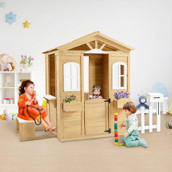 Wooden Playhouse For Kids Outdoor With Working Door, Windows, Mailbox, Bench, Flowers Pot Holder - Natural Discount