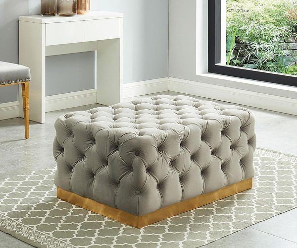 Velvet Grey & Gold Tufted Button Ottoman - Model Portia Sale