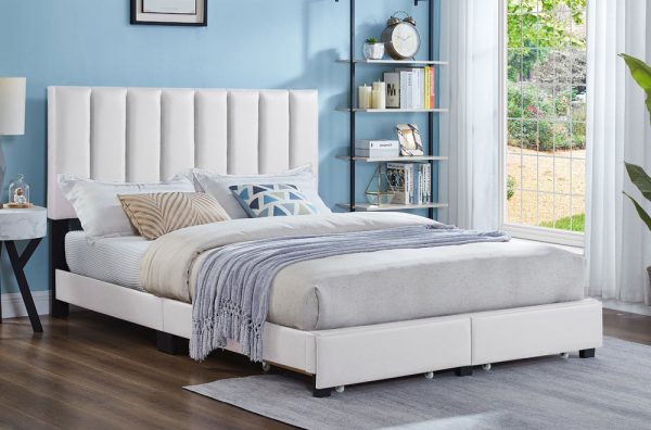 White Leatherette Fabric Storage Bed With Drawers & Adjustable Headboard- Double, Queen or King- Model #2120 Fashion