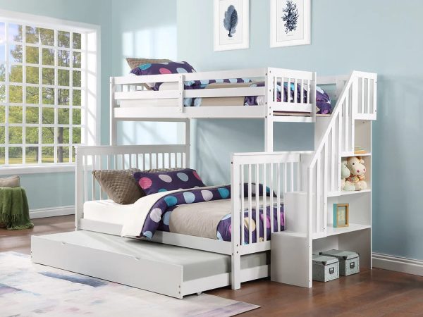 White Solid Wood Staircase Twin Over Full Bunk Bed- Storage Drawers or Trundle Optional- Model #1852 Discount