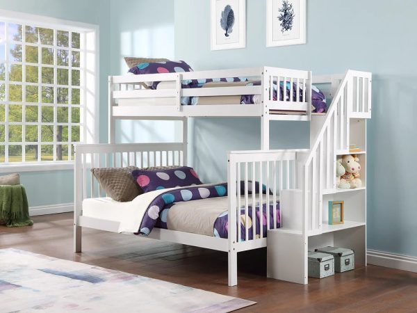 White Solid Wood Staircase Twin Over Full Bunk Bed- Storage Drawers or Trundle Optional- Model #1852 Discount