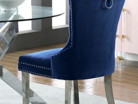 2, 4 or 6 Blue Velvet Dining Chairs with Deep Tufting- Chrome Knocker- Polished Chrome Legs & Nail Head Details- Model #1262 Sale