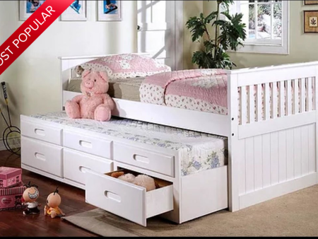 White Wood Captain Trundle Day Bed- With 3 Pull Out Drawers- Model #314 For Cheap