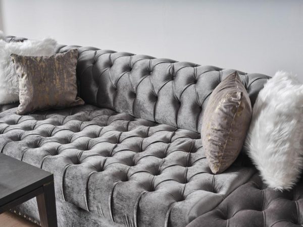 Grey Velvet Tufted U Shaped Sectional- Includes Throw Pillows - Model Jordan Supply