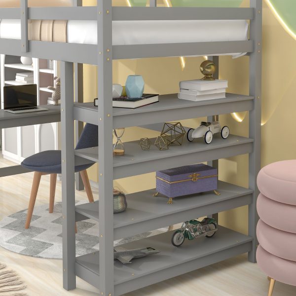 Loft Bed Twin With Desk, Ladder, Shelves - Gray Hot on Sale