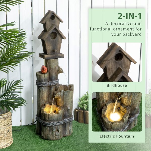 Outsunny - Outdoor Fountain With Birdhouse, Cascading Garden Waterfall Bird Bath With 3 Tier Rustic Tree Trunk   Log Design, LED Lights For Porch, Deck, Yard Decor - Brown For Discount