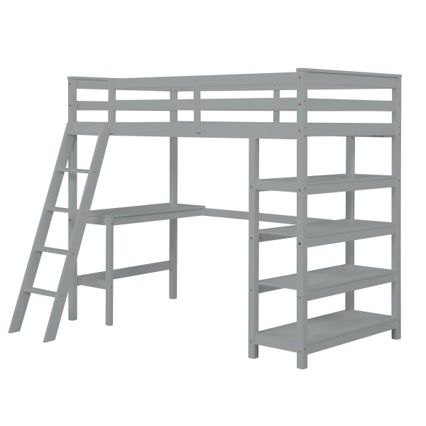 Loft Bed Twin With Desk, Ladder, Shelves - Gray Hot on Sale