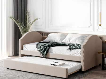 Full Size Upholstered Daybed With Twin Size Trundle, Wood Slat Support - Beige Hot on Sale