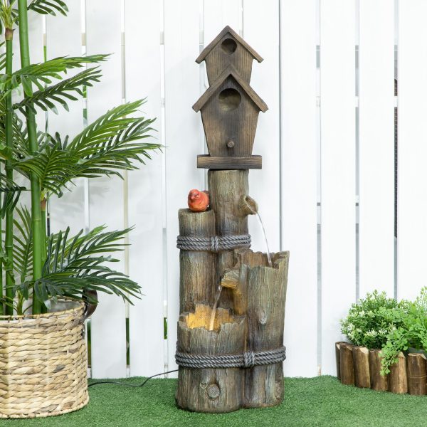 Outsunny - Outdoor Fountain With Birdhouse, Cascading Garden Waterfall Bird Bath With 3 Tier Rustic Tree Trunk   Log Design, LED Lights For Porch, Deck, Yard Decor - Brown For Discount