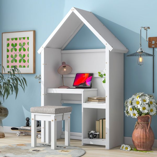 House-Shaped Kids Desk With A Cushion Stool, House-Style Desk And Stool Set For Cheap