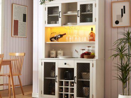 Kitchen Pantry Storage Cabinet Rustic Buffet Cabinet, Kitchen Hutch Cabinet With LED Outlets Food Pantry Cabinet With Doors And Shelves Wine Rack For Dining Room - Antique White Fashion