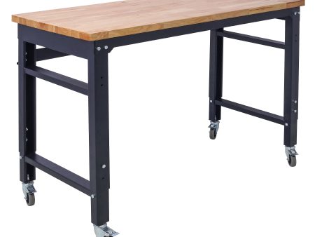 Wide Rolling Workbench For Garage, Adjustable Height, Workshop Tool Bench, Metal With Rubber Wood Top on Sale