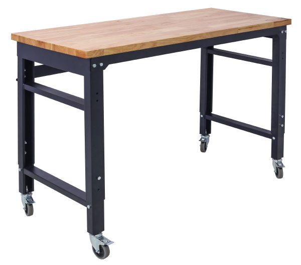 Wide Rolling Workbench For Garage, Adjustable Height, Workshop Tool Bench, Metal With Rubber Wood Top on Sale