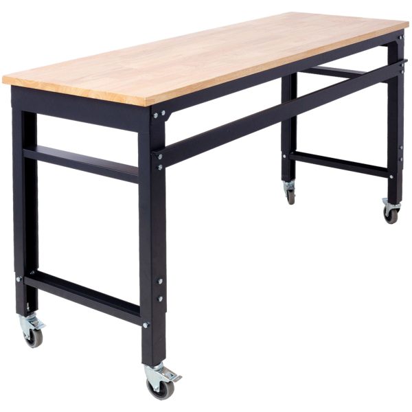 Wide Rolling Workbench For Garage, Adjustable Height, Workshop Tool Bench, Metal With Rubber Wood Top on Sale