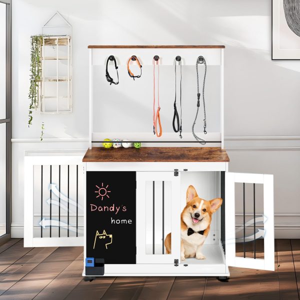 Dog Crate, Graffiti Dog Cage, Kennel With Double Doors, Crate Interior Furniture, Heavy Wooden Dog Cage, Large Dog - White on Sale