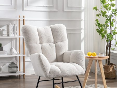 Modern Rocking Chair, Teddy Fabric Chair With High Backrest, Rocking Accent Chairs For Nursery, Living Room, Bedroom - White on Sale