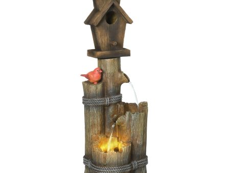 Outsunny - Outdoor Fountain With Birdhouse, Cascading Garden Waterfall Bird Bath With 3 Tier Rustic Tree Trunk   Log Design, LED Lights For Porch, Deck, Yard Decor - Brown For Discount