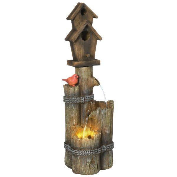 Outsunny - Outdoor Fountain With Birdhouse, Cascading Garden Waterfall Bird Bath With 3 Tier Rustic Tree Trunk   Log Design, LED Lights For Porch, Deck, Yard Decor - Brown For Discount