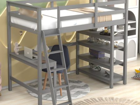 Loft Bed Twin With Desk, Ladder, Shelves - Gray Hot on Sale