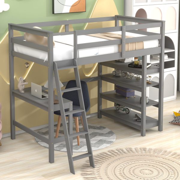 Loft Bed Twin With Desk, Ladder, Shelves - Gray Hot on Sale