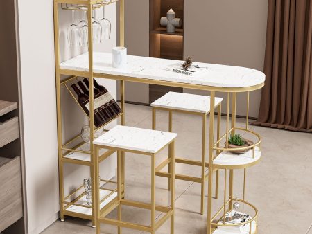 3 Piece Bar Table And Chairs Set, Modern Kitchen Bar Height Dining Table Wood Breakfast Pub Table With Base With Shelves, Glass Rack, Wine Bottle Rack, With 2 Bar Stools - White   Gold For Sale