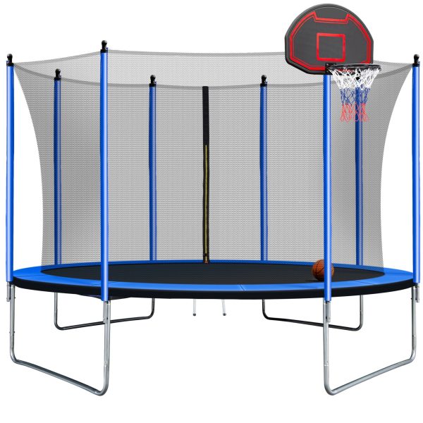 10Ft Trampoline With Basketball Hoop Inflator And Ladder (Inner Safety Enclosure) - Blue Cheap