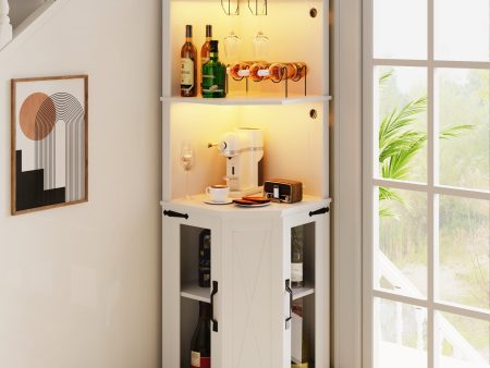 Corner Bar Cabinet With Power Outlet, Farmhouse Wine Bar Cabinet With Adjustable Shelves For Home, With Lights & Glass Rack For Dining Room, Living Room, Kitchen - White For Sale