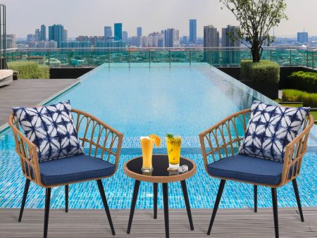 3 Piece Patio Bistro Set With Side Table, Outdoor PE Rattan Conversation Chair Set, Furniture Of Coffee Table With Glass Top, Cushions & Lumbar Pillows For Garden, Backyard, Balcony Or Poolside - Boho Blue For Discount