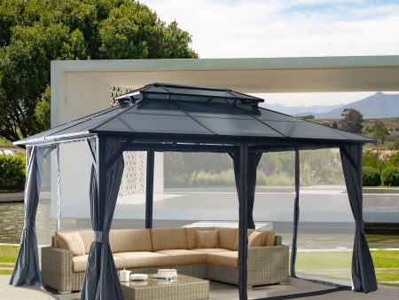 Hardtop Gazebo For Patios, Outdoor Framed Gazebo With Polycarbonate Double Roof Canopy, Solid Framed Gazebo With Privacy Curtains And Mosquito Nettings For Garden, Backyard Online Hot Sale