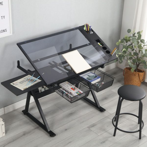 Adjustable Tempered Glass Drafting Printing Table With Chair Online Hot Sale