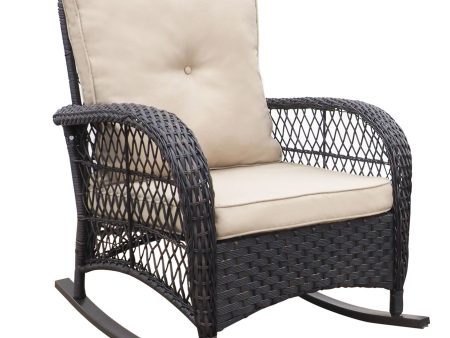 Garden Rocking Chair, Outdoor Rattan Rocker Chair With All-Weather Hand-Woven Resin Wicker, Patio Relaxing Lounge Furniture With Powder-Coated Metal Frame For Backyard, Porch - Brown   Beige For Cheap