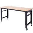 Wide Rolling Workbench For Garage, Adjustable Height, Workshop Tool Bench, Metal With Rubber Wood Top on Sale