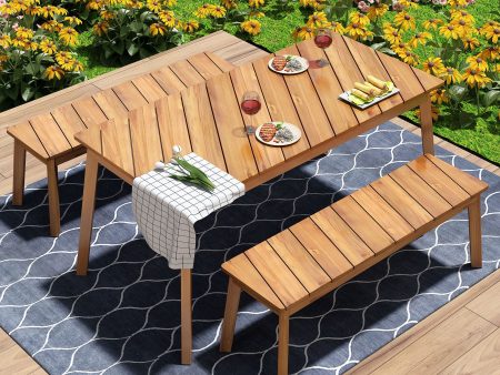 3 Pieces Acacia Wood Table Bench Dining Set For Outdoor & Indoor Furniture With 2 Benches, Picnic Beer Table For Patio, Porch, Garden, Poolside - Natural Cheap