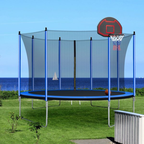 10Ft Trampoline With Basketball Hoop Inflator And Ladder (Inner Safety Enclosure) - Blue Cheap