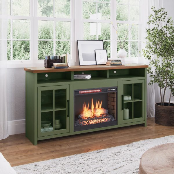 Vineyard - 74  Fireplace TV Stand Console For TVs Up To 85  - Sage Green And Fruitwood Online now